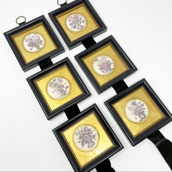 Set Of Vintage Mini Hanging Floral Art Frames On Velvet Ribbon